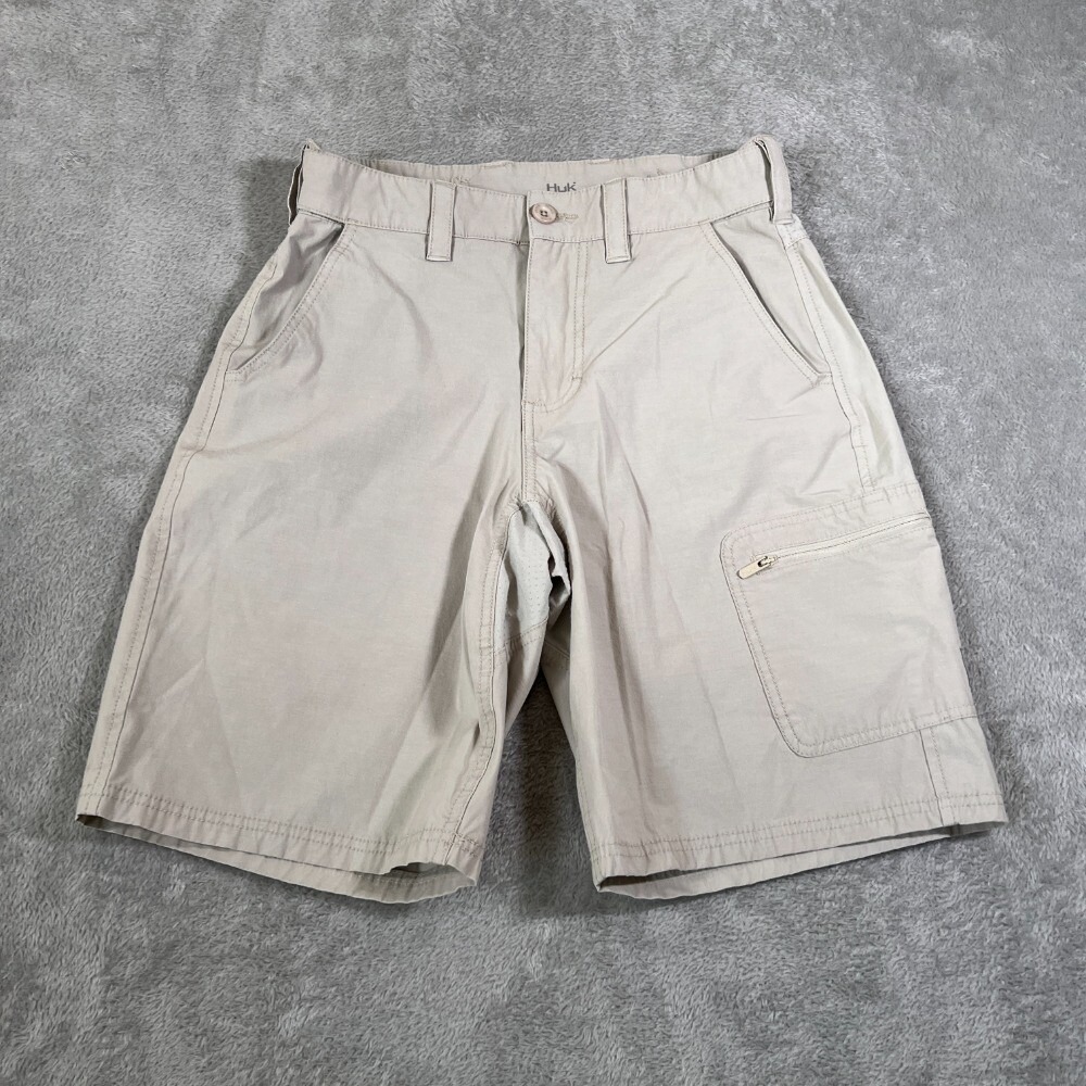 Huk Fishing Shorts Men Small Cargo Pocket Quick Dry Outdoor Casual Beige